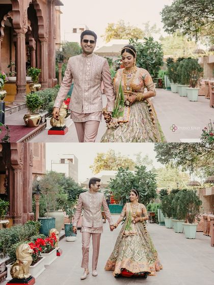 A collage showing the couple's walk through the beautiful corridors of the Laxmi Niwas Palace in Bikaner, capturing their regal presence.