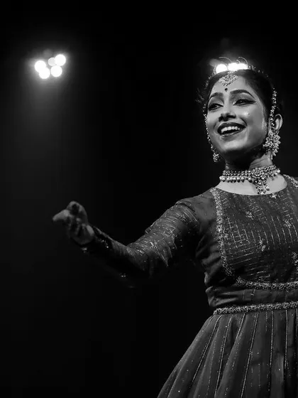 The pure happiness of performance, captured in a black and white portrait. For me, dance is about expressing emotion and connecting with the audience on a deeper level.