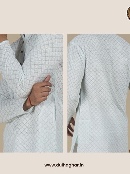 A two-panel image showing close-up details of the light blue patterned kurta, focusing on the fabric and side view.