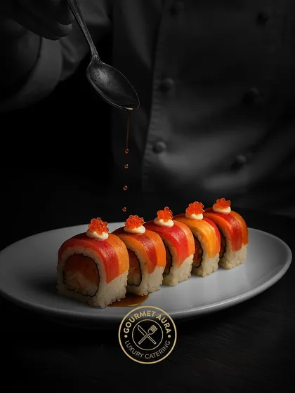 The final touch. A chef carefully drizzles a finishing sauce on a row of exquisite salmon and tuna sushi rolls, each topped with vibrant tobiko. This is the artistry and attention to detail we pour into every single dish.