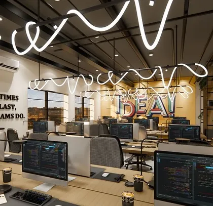 Another view of the open workstations. We incorporated motivational quotes and dynamic lighting to build a positive and productive atmosphere for the team.