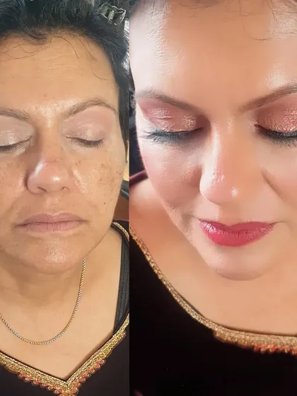 A beautiful before-and-after that shows how I work with mature skin. The goal is to create a fresh, lifted look with soft colors that enhance rather than conceal.