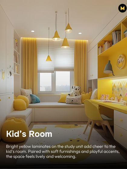 Bright yellow laminates on the study unit add cheer to this kid's room. Paired with soft furnishings and playful accents, the space feels lively and welcoming.