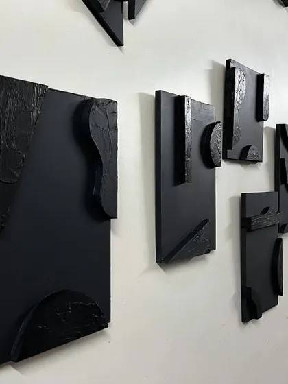A view of the black multi-panel artwork installed in a Delhi residence. The pieces are arranged to create a dynamic flow across the wall, interacting with each other to form a single installation.