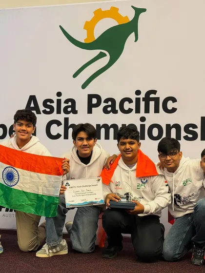Our FTC Team Gujarat Tech Titans, holding the Indian flag and their Connect Award at the Asia Pacific Open Championship in Sydney. This image captures their pride and success as a rookie team on the international stage.