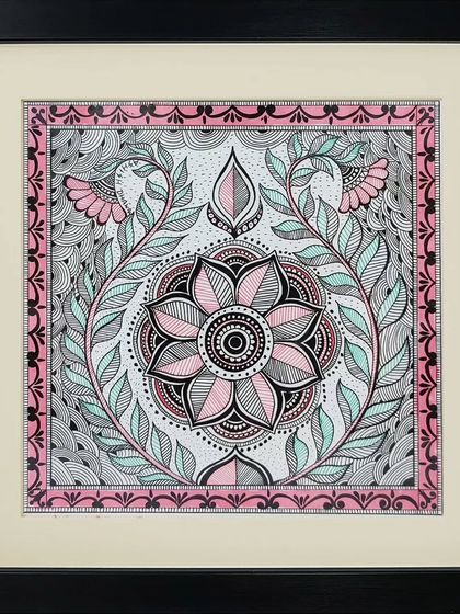 A floral mandala design painted in the Madhubani style, blending two beautiful art forms into one unique piece.