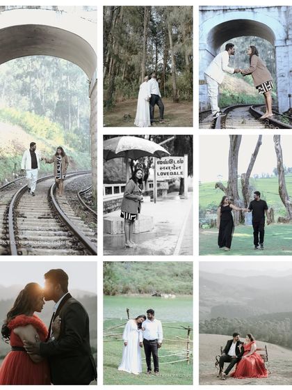 A collage showcasing the variety of a pre-wedding shoot in Ooty, including scenes on railway tracks, in the hills, and at a 'Lovedale' station sign.