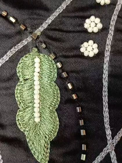 The intricate details of the embroidery, showing the combination of threadwork and beading that makes this co-ord set so special.