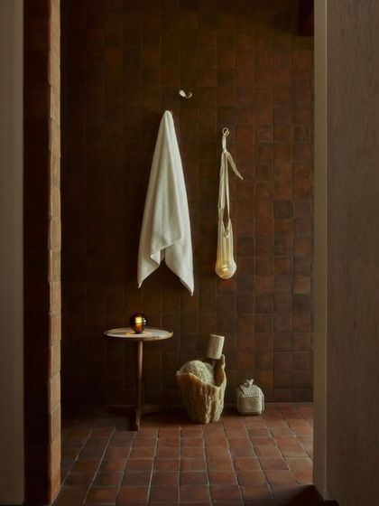 The 14p provides a soft, warm glow in a rustic bathroom, showcasing its ability to add a touch of modern design to any style of decor.