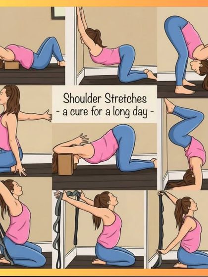 Here is a set of shoulder stretches that are a perfect cure for a long day. The illustrations show how to use props like a yoga block or a strap to deepen the stretch and release built-up tension in your shoulders.