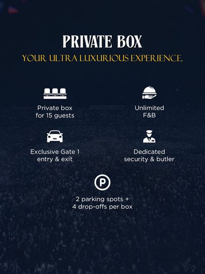 An overview of the Private Box, our most ultra-luxurious offering for 15 guests. It includes exclusive entry, unlimited F&B, dedicated security, and private parking, defining the ultimate group concert experience.