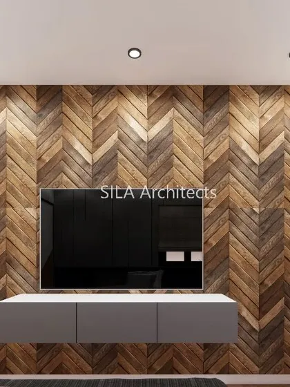 A TV unit design featuring a stunning herringbone wood-paneled wall. This render shows how natural textures can create a warm and inviting atmosphere.