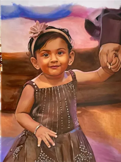 A sweet oil portrait of a little girl holding a hand. Capturing the delicate features and gentle expression of a child is always a special task.