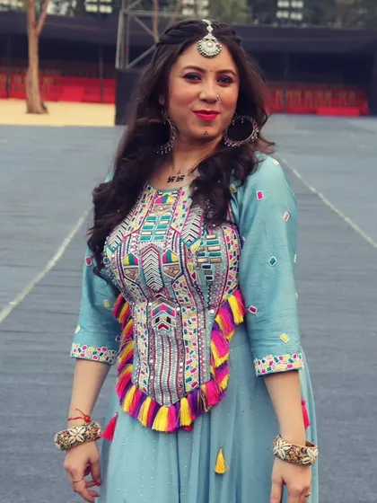 A full shot of my Day 3 outfit, showcasing the vibrant colors and detailed embroidery.