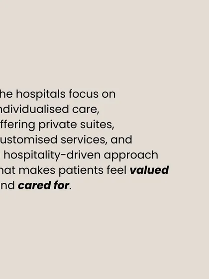 This graphic explains that our luxury hospital designs focus on individualized care, offering private suites and a hospitality-driven approach that makes patients feel valued.