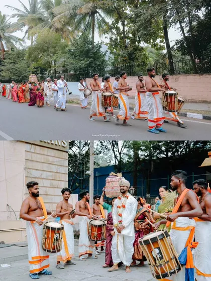 The groom's procession, or Baraat, often includes energetic drummers. This collage captures the scale and festive spirit of the arrival, setting the tone for the celebration to come.