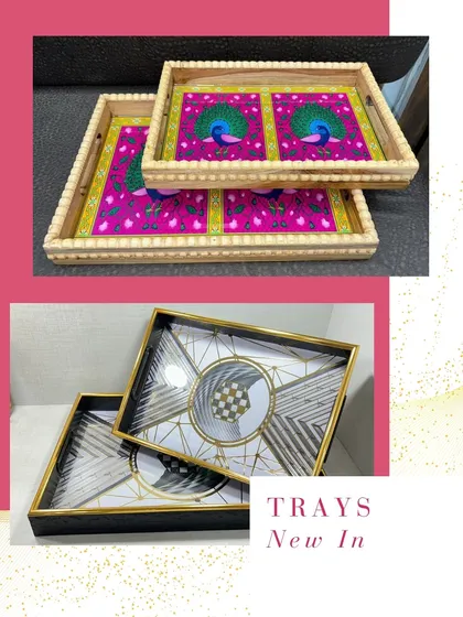 New In! A collection of my latest tray designs, from vibrant peacock-printed wooden trays to modern geometric glass trays.