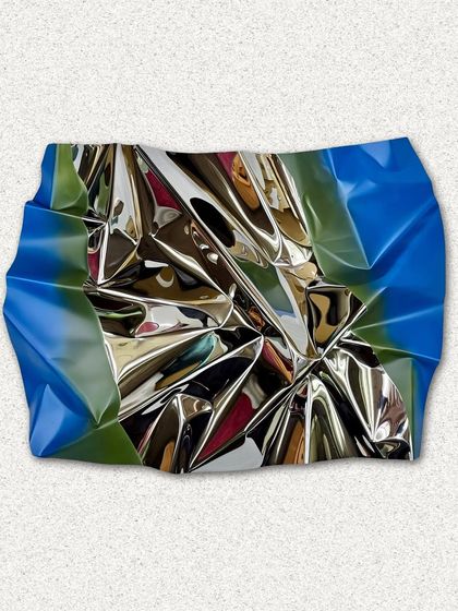 "M130" is a wall sculpture that combines a chrome-like polished steel center with a matte, gradient-colored border of blue and green.