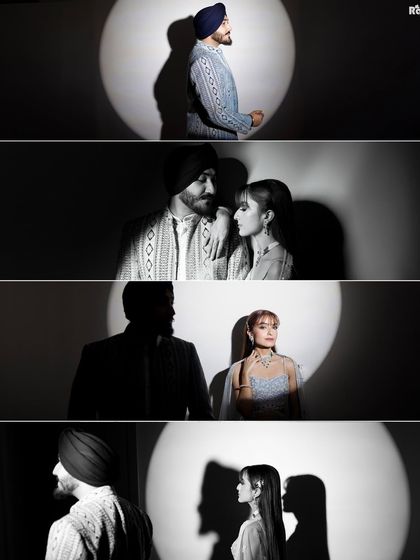 An artistic and moody collage using spotlight effects. The play of light and shadow in these black and white portraits creates a dramatic, film-noir-inspired look for this stylish couple.