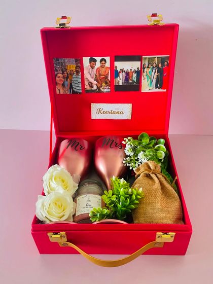 Another view of the "Bride to be" hamper, showing the personalized name tag and photos. It’s a wonderful keepsake for the bride.