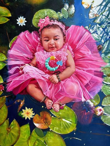 A personal oil painting of my daughter. The composition, with her nestled among lily pads, was inspired by the idea of her being a small, precious flower in the pond of life.