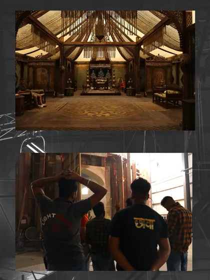 A before-and-after look at a set from the film 'Chhaava'. The top image shows the final, beautifully lit period interior, while the bottom shows the crew observing the setup.