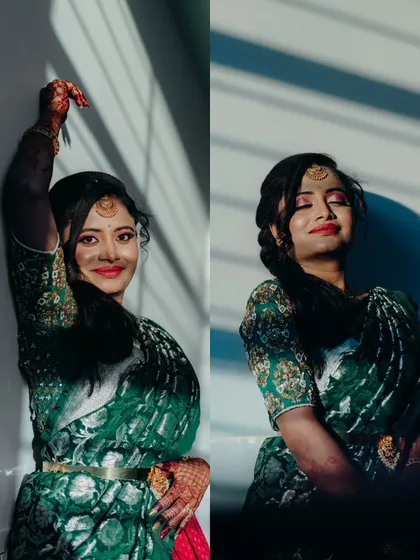 A collage of a bride's portraits, capturing her joyful and playful expressions while playing with light and shadow.