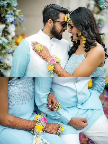 A beautiful detail shot from a Haldi ceremony. The focus on the bride's floral jewelry and the couple's hands tells a story of tradition and love.