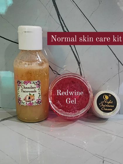This is my recommended skincare kit for normal skin types, containing the balanced Chandan Facewash, antioxidant-rich Redwine Gel, and the Night Fairness Cream.
