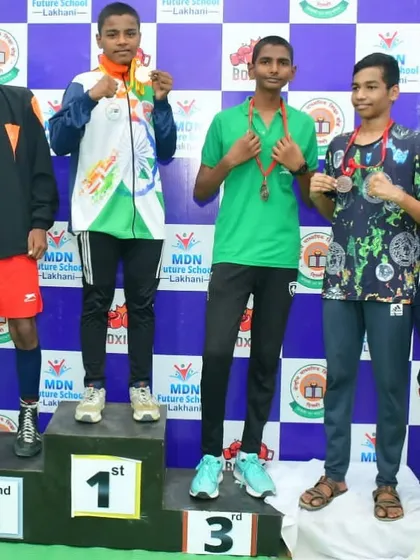 Our boxers on the victory podium at the CBSE School Games U-19 Boxing Championship. Jignasha, Sriraj, and Siddhesh making us proud.