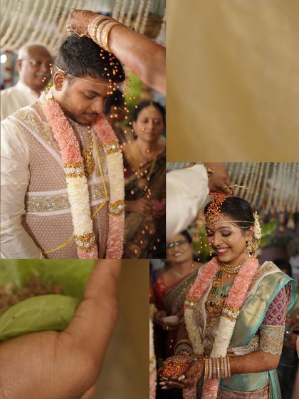 A collage showing the Akshata ritual, a significant and beautiful part of the wedding ceremony.