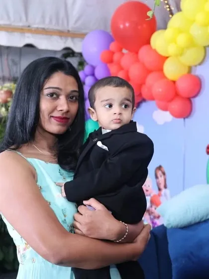 The birthday boy, Yuvanth, looking dapper in his little tuxedo at his Cocomelon-themed party.