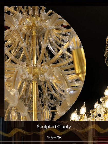 This image highlights the sculpted clarity of the borosilicate glass arms on the Jodha Palace Grande Chandelier. This material choice ensures both structural strength and visual elegance.