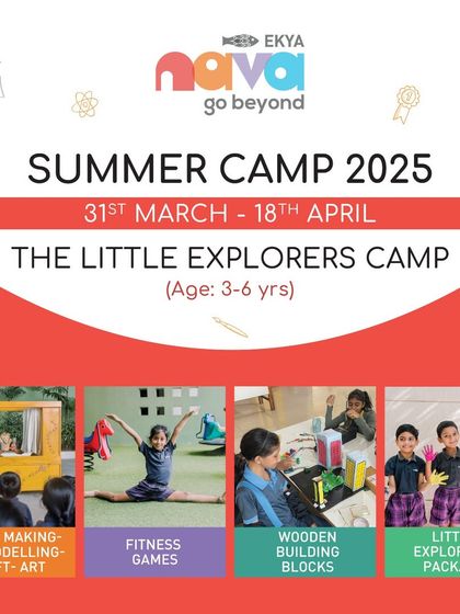 An overview of The Little Explorers Camp for ages 3-6. This poster showcases the variety of creative and physical activities offered, including puppet making, fitness games, and building with wooden blocks.