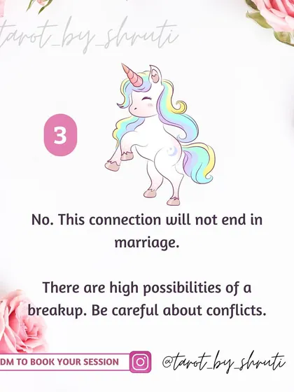 Will this connection end in marriage? This reading gives a direct 'Yes', 'No', or 'Maybe' answer based on the energy of the connection, indicating if it's fruitful, has hindrances, or is likely to end.