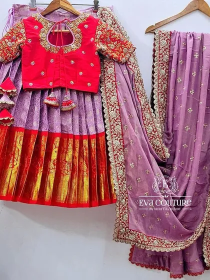 A view of the back of the blouse from the Kanchi Pattu lehenga and dupatta set, showing the keyhole design.