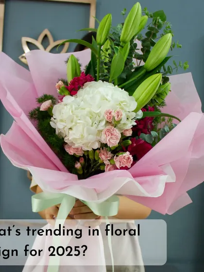 What's trending in floral design for 2025? This beautiful hand-tied bouquet of lilies and hydrangeas hints at the elegant and lush styles we'll be seeing more of.