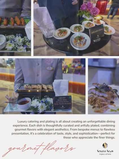A collage showcasing our gourmet flavors, from passed appetizers on floral trays to artfully plated main courses. It's a celebration of taste, style, and sophistication.