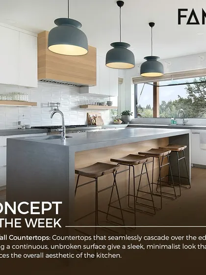 The concept of the week is the waterfall countertop. This counter seamlessly cascades over the edge of the island, creating a continuous, unbroken surface that enhances the sleek, minimalist aesthetic of the kitchen.