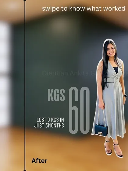 Here is Namrata's after photo, looking confident and feeling energetic at 60 kgs. She lost 9 kgs in 3 months with a plan tailored to her busy work life.