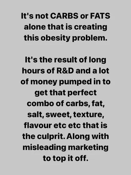 It's not just carbs or fats making you fat. It's the hyper-palatable combination of carbs, fat, salt, and sugar that food companies spend millions on to make you overeat. Don't blame the rice; blame the processed junk designed to be addictive.
