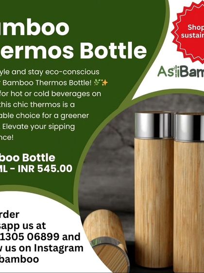 Sip in style with our bamboo thermos bottle, a chic and sustainable choice for a greener lifestyle. This promotional graphic includes the price and details for our 450ml bottle, perfect for hot or cold beverages on the go.