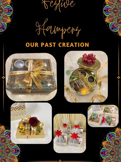 A collage of my past Diwali creations, showing the variety of festive hampers I have designed, from simple boxes to elaborate baskets.