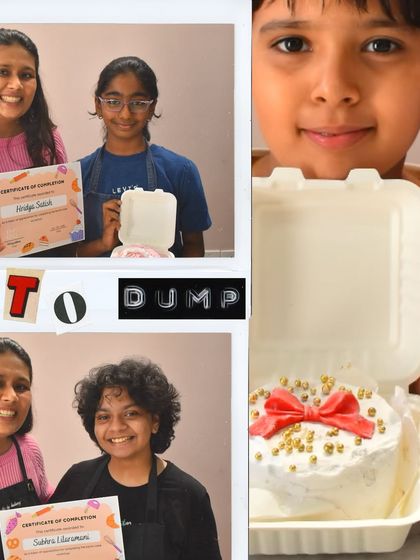 A photo dump from our bento cake class, showing students with their certificates and a close-up of a beautifully decorated cake with a red bow.