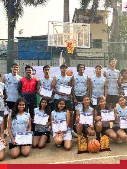 Our K. J. Somaiya Polytechnic Boys and Girls Basketball teams pose together after a successful IEDSSA A2 Zone Tournament, where the boys won the championship and the girls secured the runner-up position.