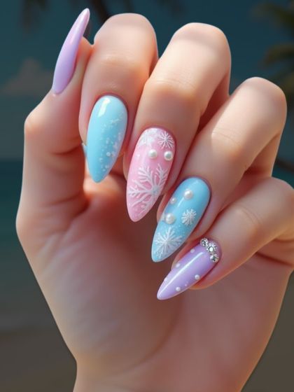 A dreamy, winter-inspired look perfect for any season. This pastel manicure features delicate snowflake designs and pearl embellishments for a touch of magic.