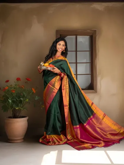 This portrait captures the grace of a mother-to-be in a dark green Kanjivaram saree, holding a traditional puja thali. The natural light from the window adds a soft, painterly quality.