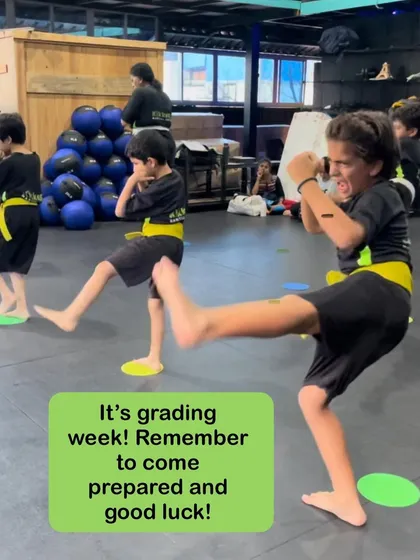 It's grading week. The energy and focus are high as students demonstrate their skills. This powerful kick shows the culmination of weeks of dedicated practice.
