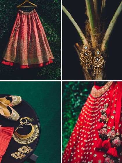 A flat-lay collage of the bride's wedding attire, including her lehenga, jewelry, and shoes. We document every element of your wedding style.