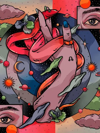Podcast cover art designed for "JJ's North Node," a show exploring astrology, tarot, and spirituality. The illustration uses cosmic imagery, celestial symbols, and layered hands to create a mystical and inviting mood for listeners.